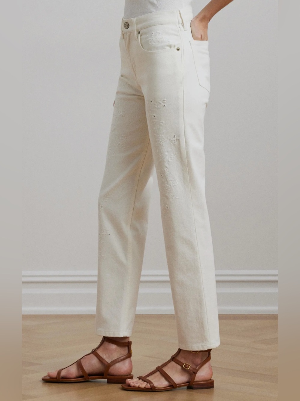 NEW Ralph Lauren Cream White Straight-Leg Jeans with Floral Eyelet Embroidery
